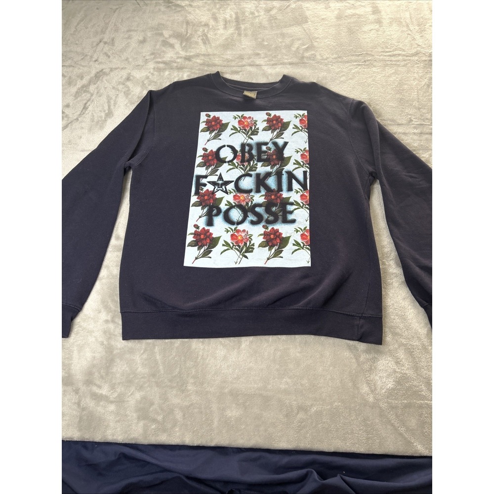 Obey Sweatshirt Womens XL Black Floral Logo Round Neck Fleece Pullover